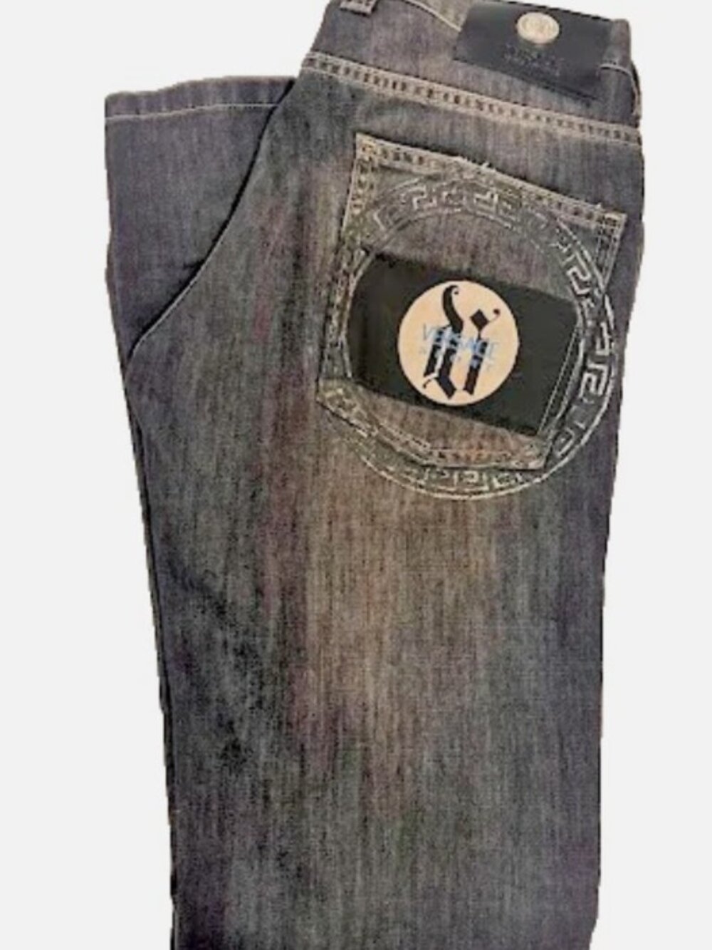 Versace Jeans Couture Black Denim, Greca Border Medusa Patchwork, Vintage Y2K